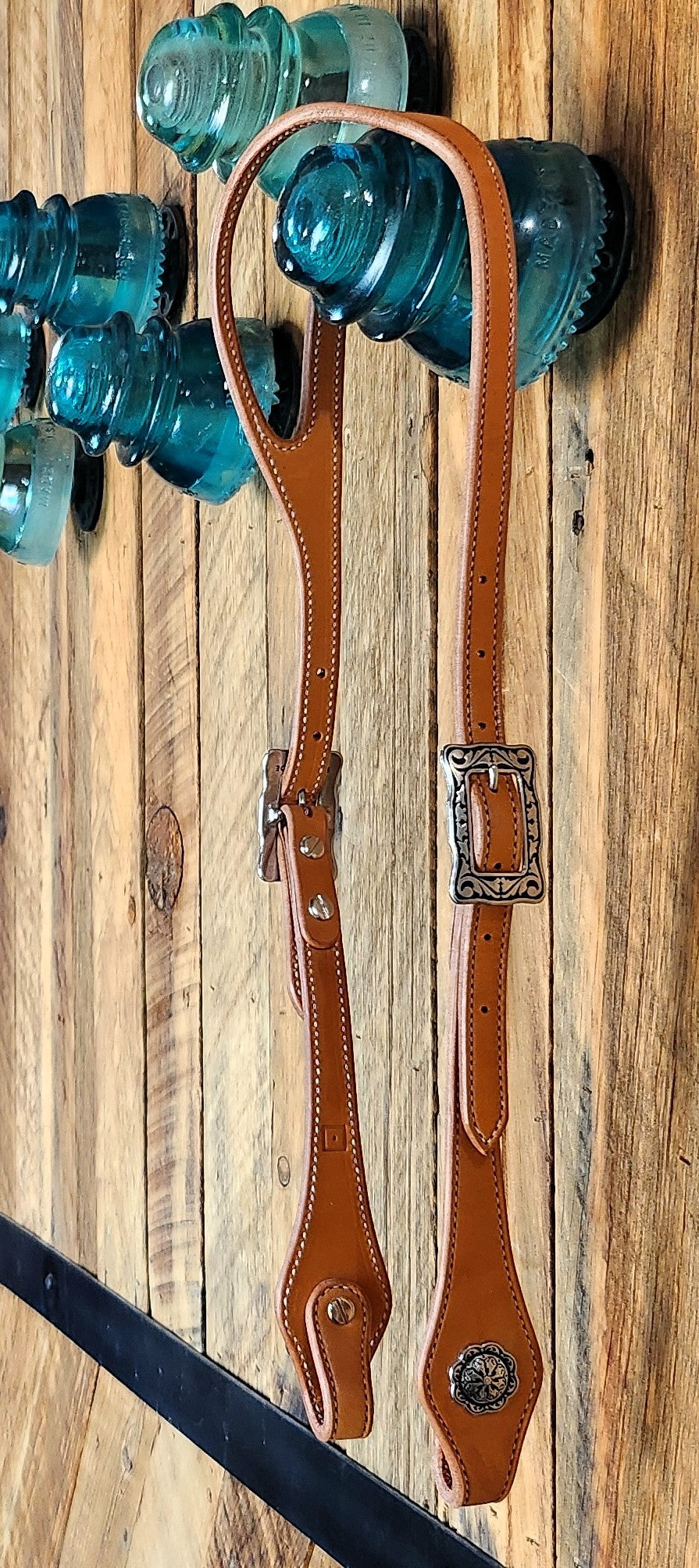 Split Ear Headstall, Bridle Leather w/ Floral Stainless Hardware, left side
