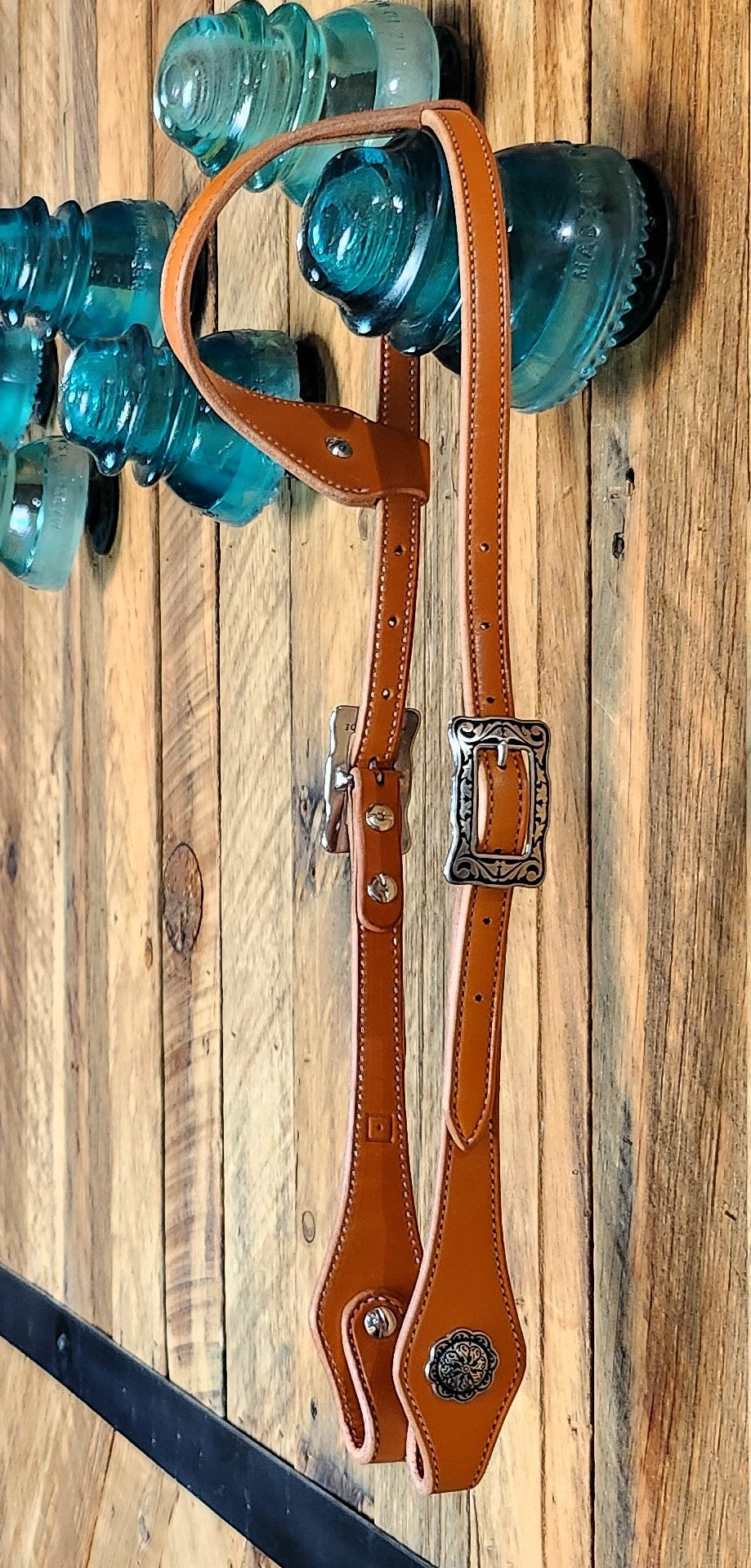 Sliding Ear Headstall, Bridle Leather w/ Floral Stainless Hardware, left side
