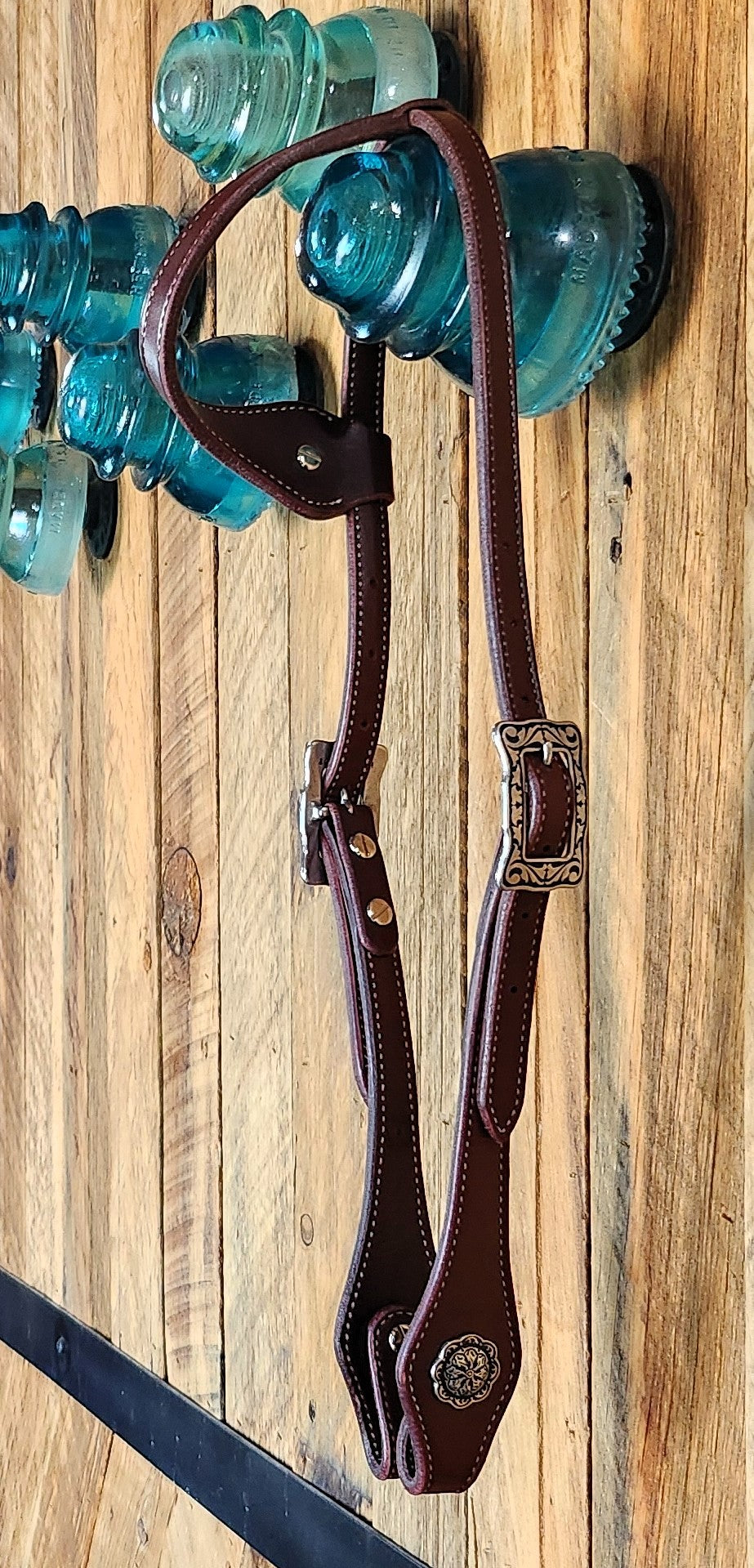 Sliding Ear Headstall, Latigo w/Floral Stainless Hardware