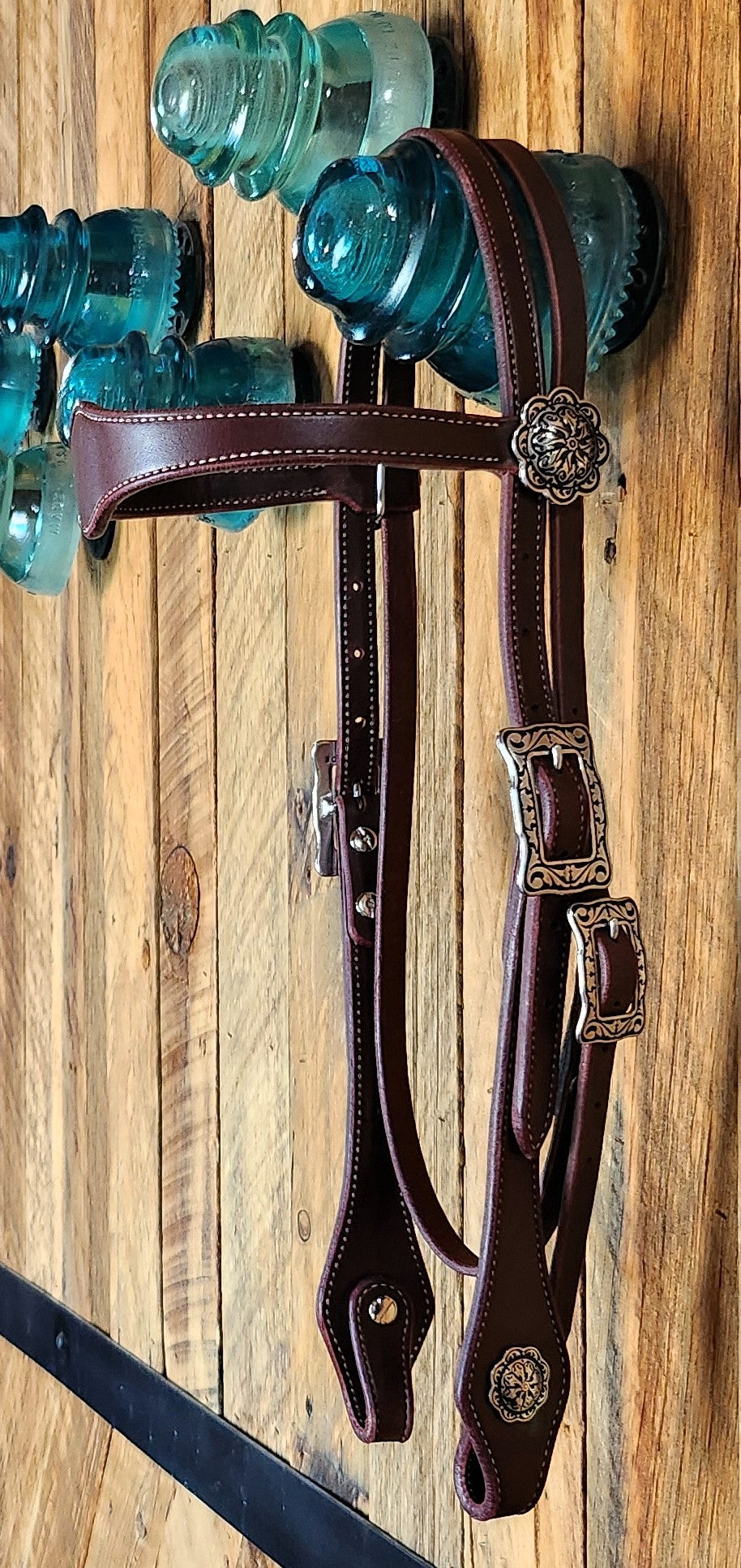 Browband Headstall, Latigo w/Floral Stainless Hardware