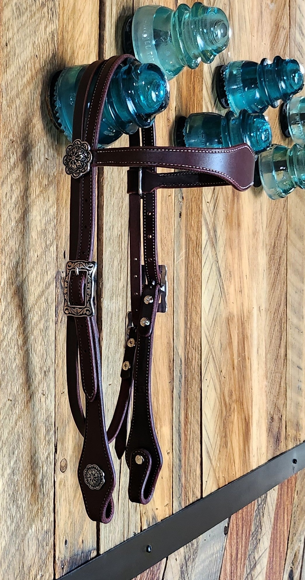 Browband Headstall, Latigo w/Floral Stainless Hardware
