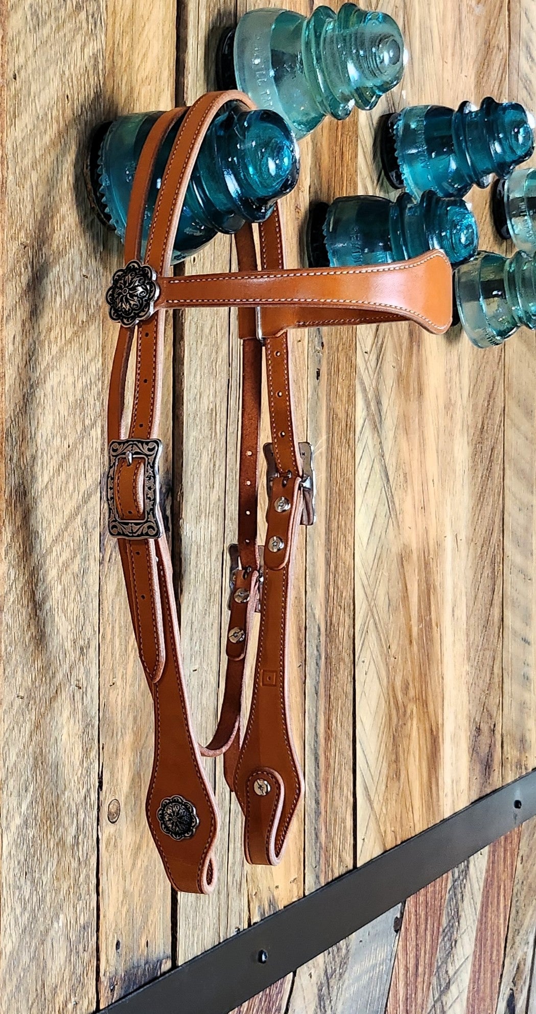 Browband Headstall, Bridle Leather w/ Floral Stainless Hardware, right side
