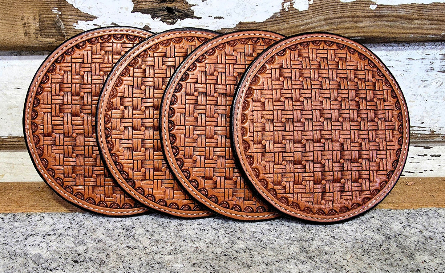 Round Coasters, Square Dot Basket Stamp, Antiqued, Died Edge