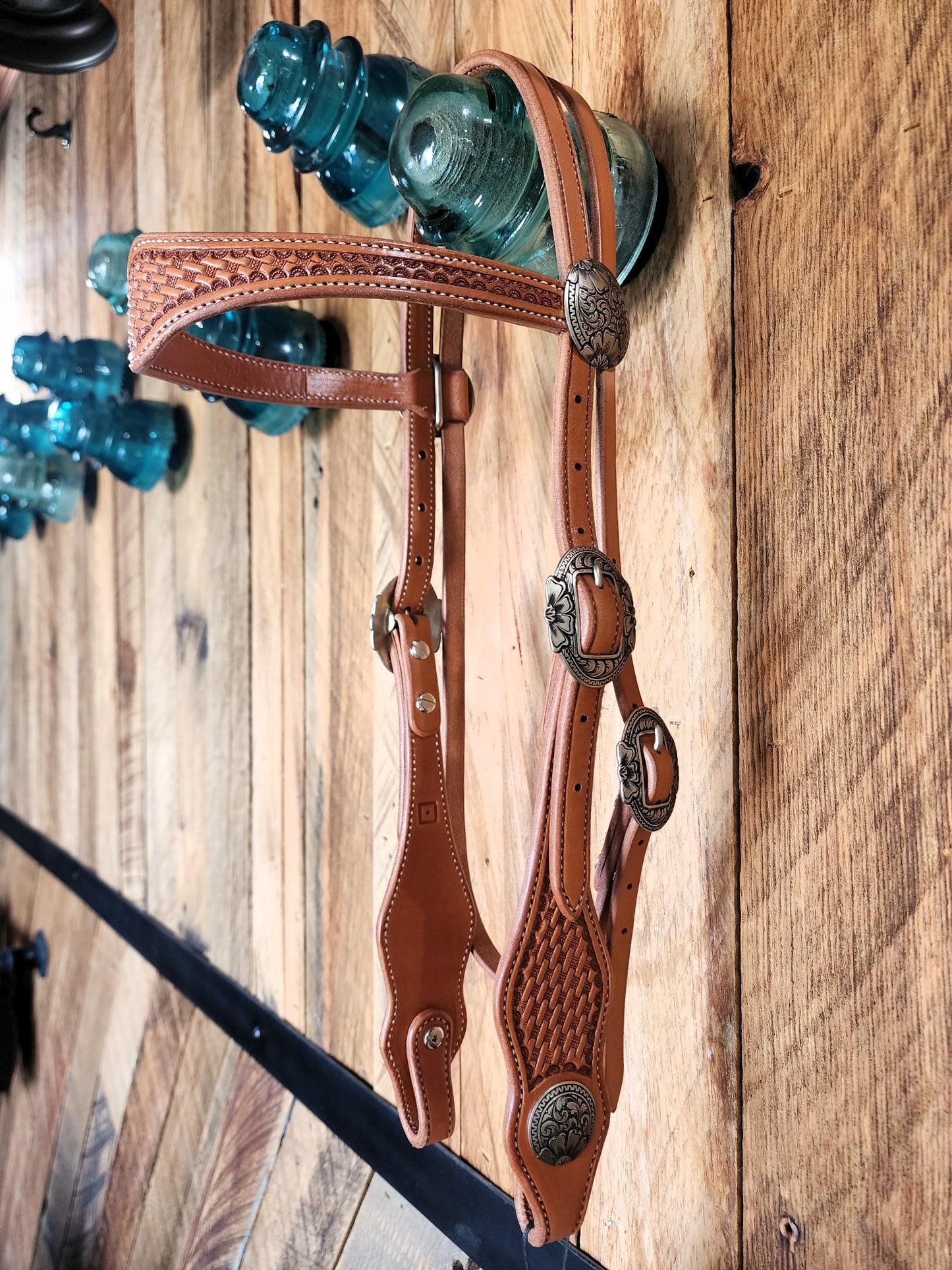 Browband Headstall, Basket Stamped w/Bronze Hardware