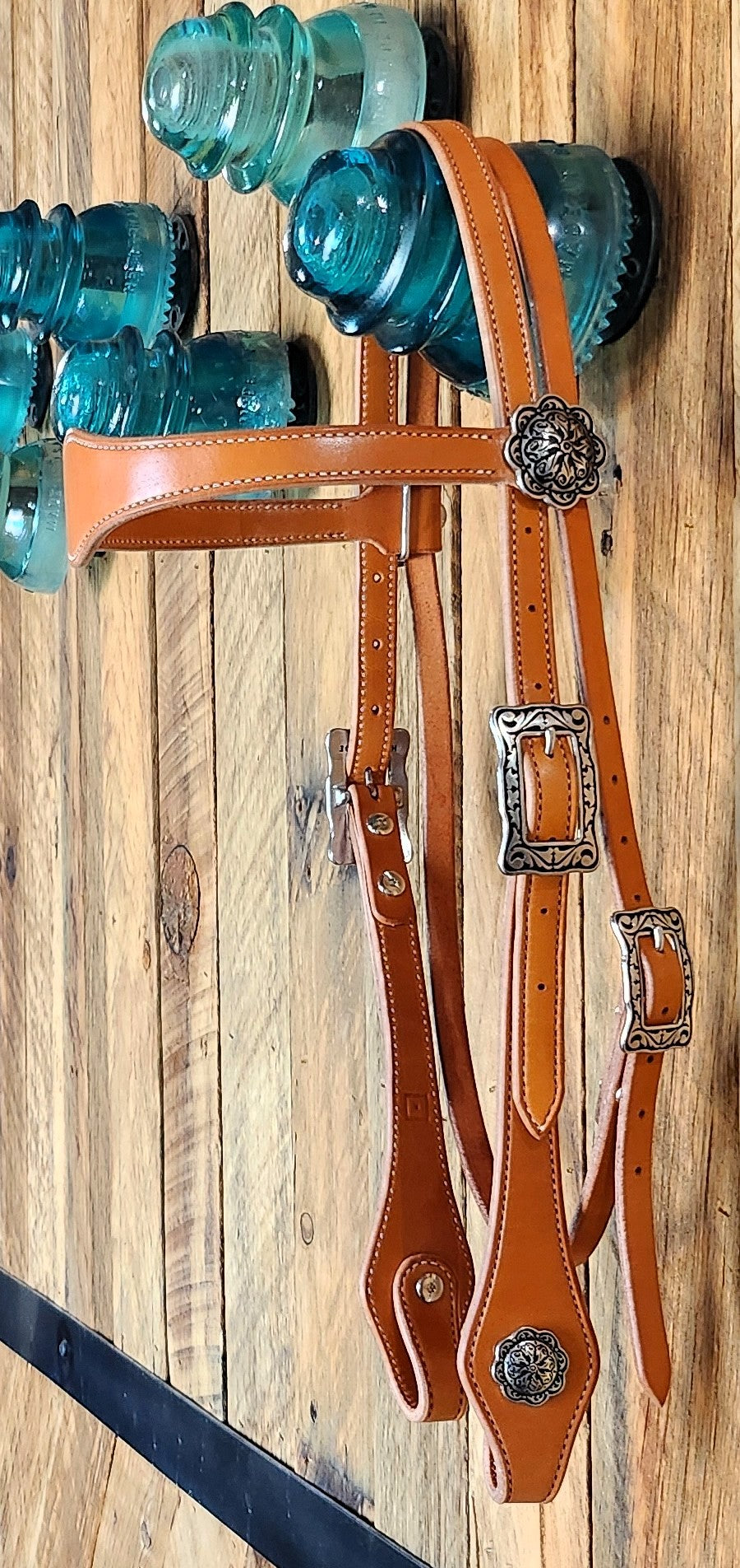 Browband Headstall, Bridle Leather w/Floral Stainless Hardware