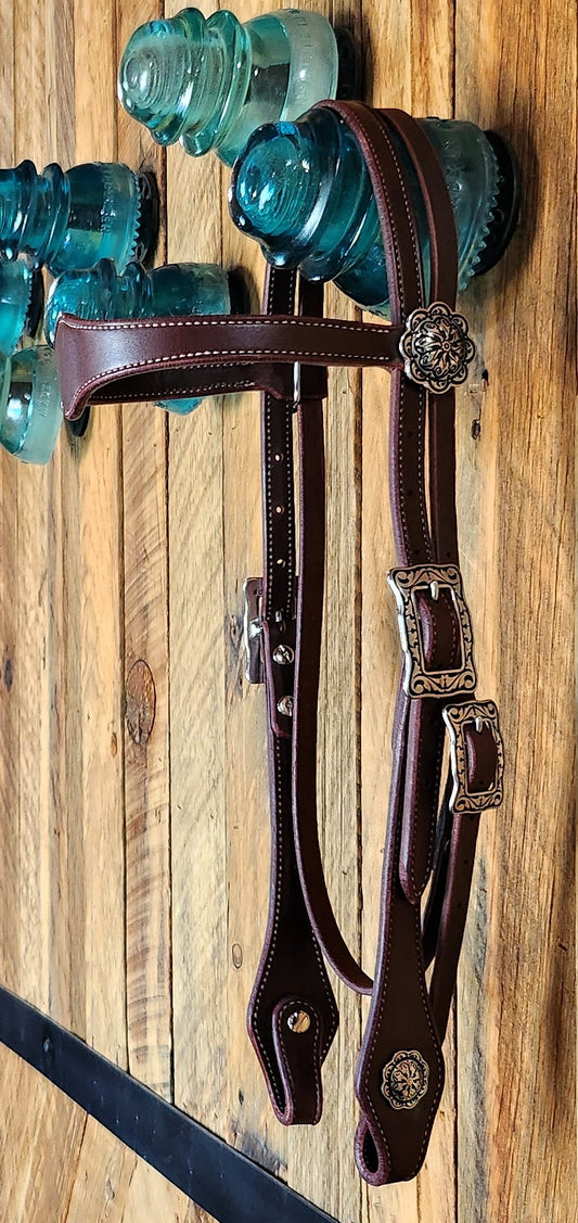 Browband Headstall, Latigo w/Floral Stainless Hardware