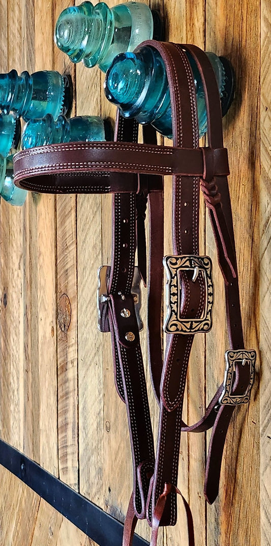 Snaffle Bit Headstall, Latigo w/Floral Stainless Hardware
