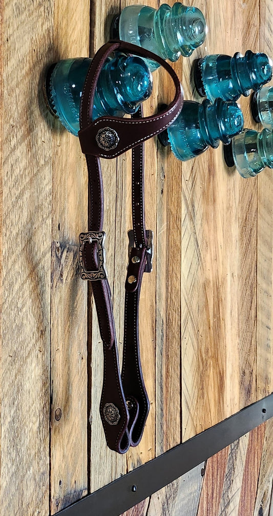 Sliding Ear Headstall, Latigo w/Floral Stainless Hardware
