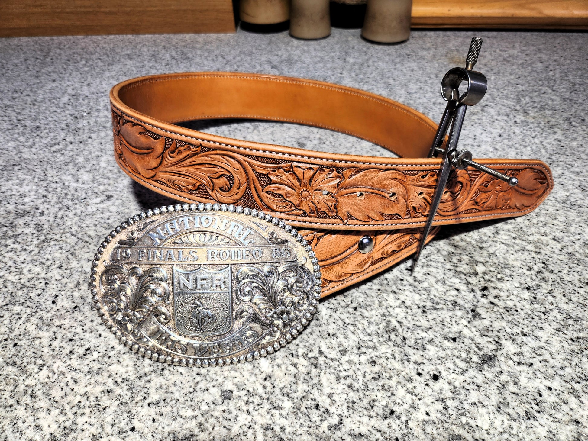 custom carved belt, floral acanthus with feathers