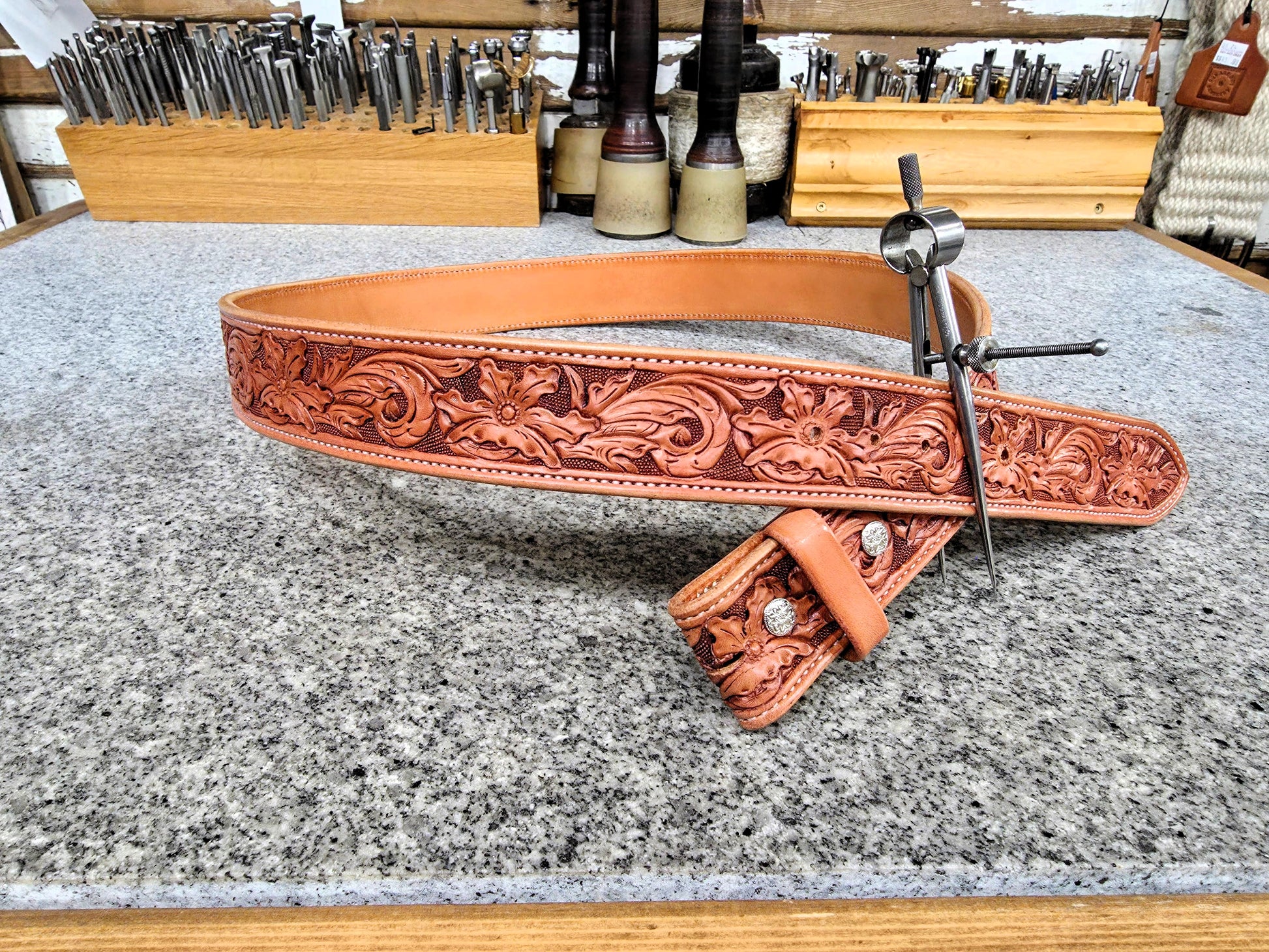 custom carved belt, floral acanthus