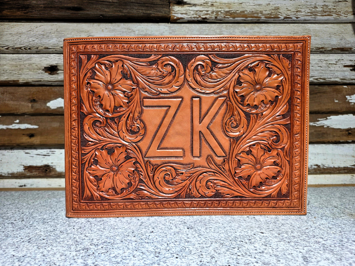 custom check binder, floral acanthus with brand, front