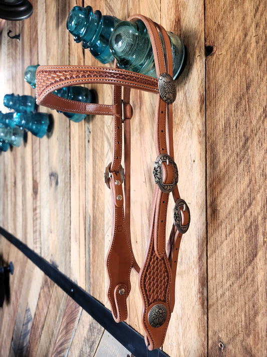 Browband Headstall, Basket Stamped w/Bronze Hardware